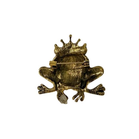 Frog Prince Brooch Green Enamel Gold Tone w/ Rhinestones & Green Gem Eyes 1.5" - Picture 2 of 3